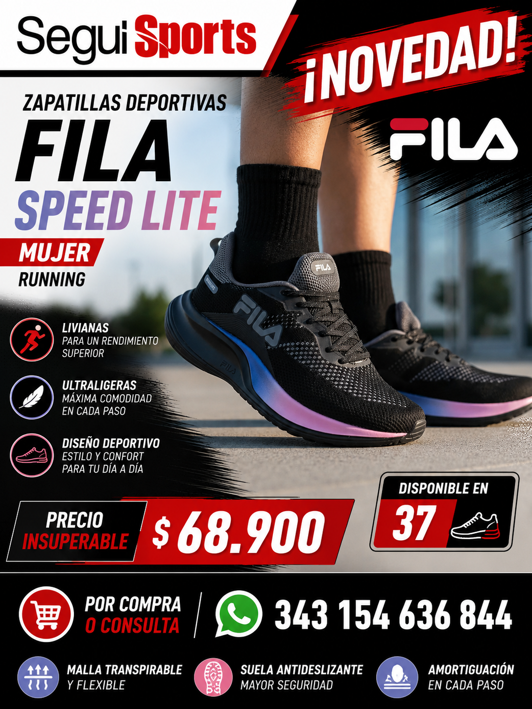 Zapatillas Deportivas Fila Speed Lite Mujer Negro Running